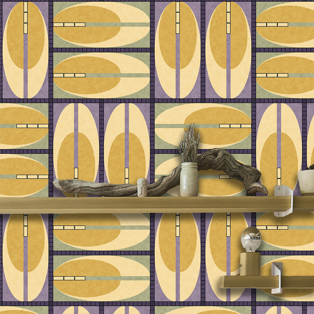 The artwork features a repeating geometric pattern of symmetrical shapes resembling elongated, curved diamonds or petals in various shades of blue and green. Each shape is split vertically with one half filled with a light blue and the other half filled with green or darker blue. The background is a light, almost pastel blue, which provides a soft yet vibrant backdrop. One of the blue shapes near the upper left contains a white starburst element, adding a focal point of brightness to the composition. The overall design conveys a modern, mid-century aesthetic with clean lines and harmonious color contrasts.